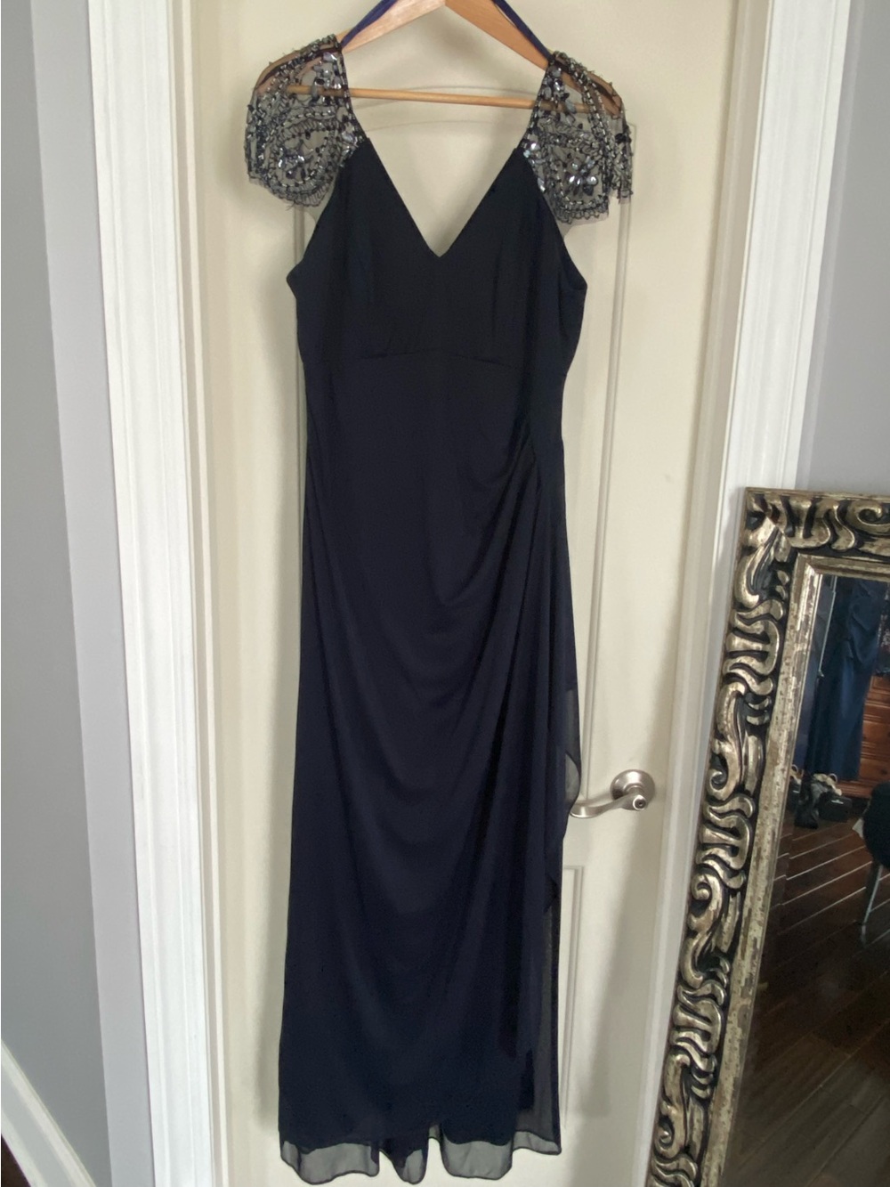 Xscape Navy Beaded Cap Sleeve V-Neck Long Dress, Size 14